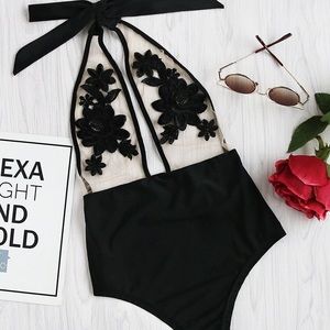 Sheer floral applique mesh halter swimsuit - NWOT
